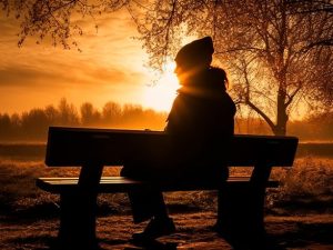 Una persona asseguda en un banc al capvespre.