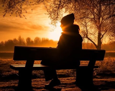 Una persona asseguda en un banc al capvespre.
